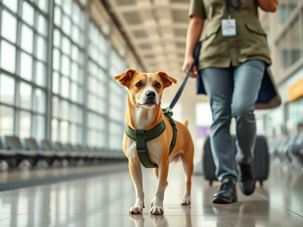 A small dog wearing a comfortable harness is being walked on a leash by an Aeropaws handler at an airport. The handler is smiling and attentive, ensuring the dog's well-being.