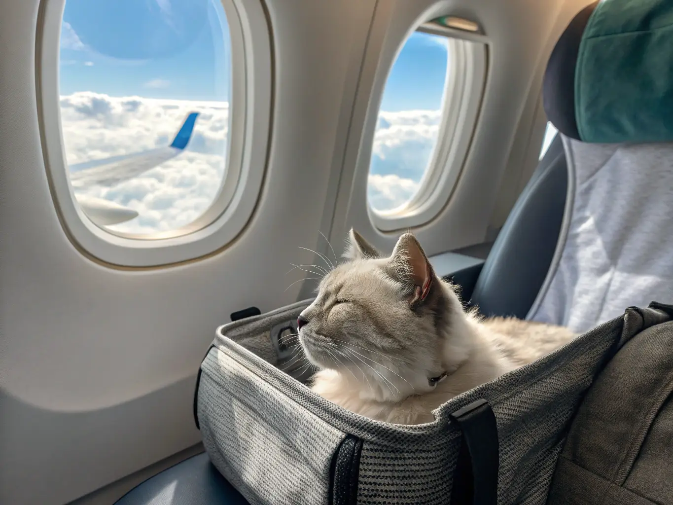 A professional Aeropaws handler gently places a cat carrier into the cargo hold of an airplane. The cargo hold is well-lit and ventilated, ensuring the cat's comfort during the flight.