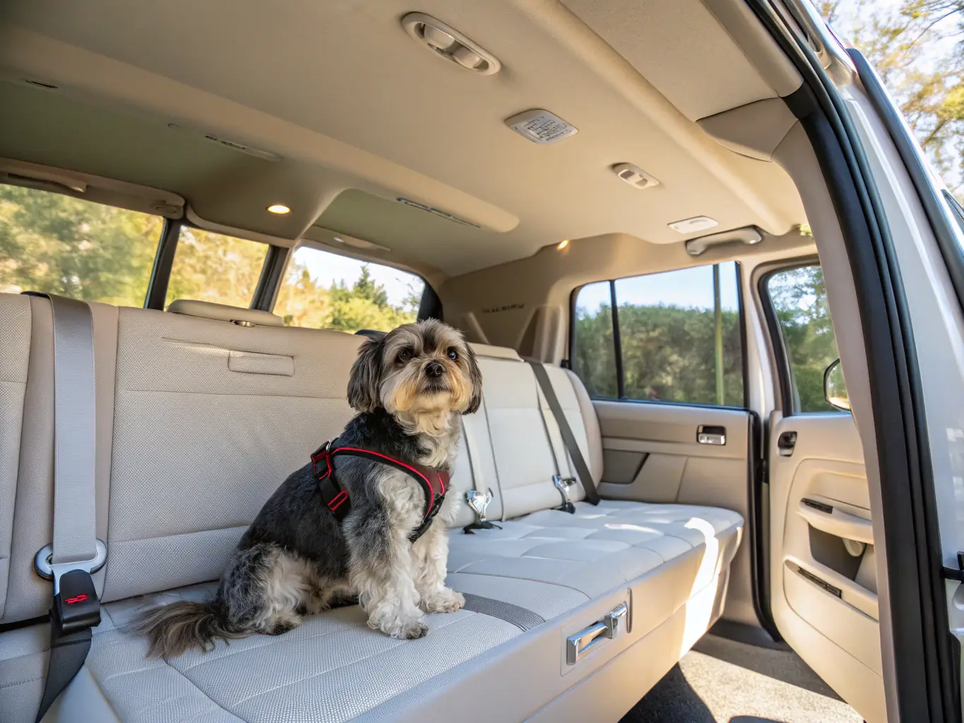 A golden retriever puppy sits comfortably in a climate-controlled pet carrier inside a spacious, modern van, looking out the window with a happy expression. The Aeropaws logo is subtly visible on the side of the van.
