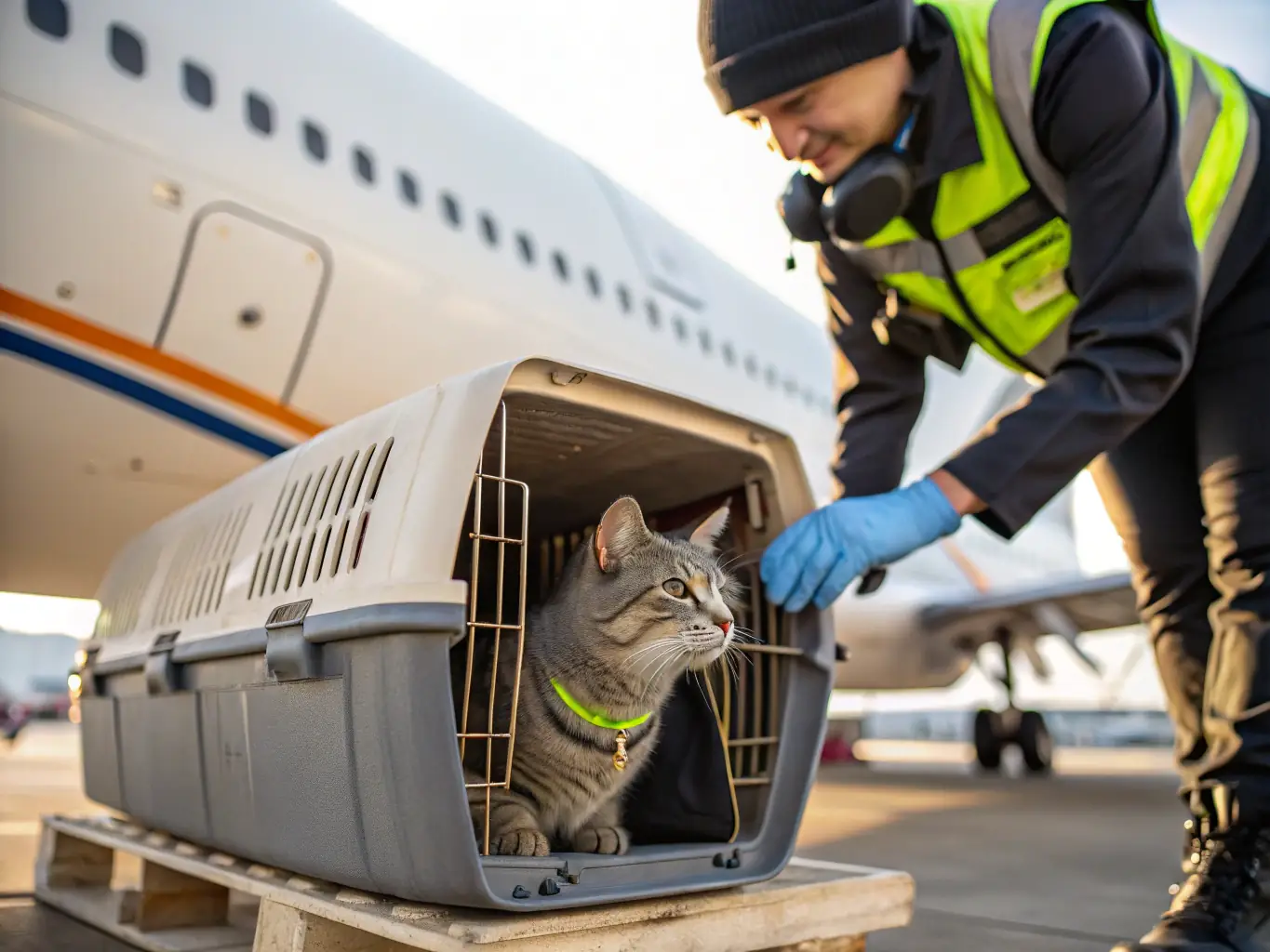 A friendly Aeropaws handler carefully loading a cat carrier into a spacious, climate-controlled van, ensuring the cat's comfort and safety.